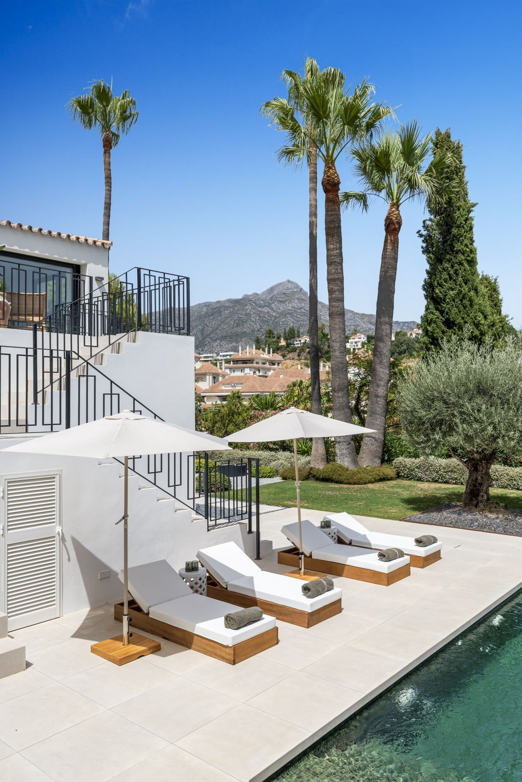 Pool terrace with palms and La Concha mountain in the background