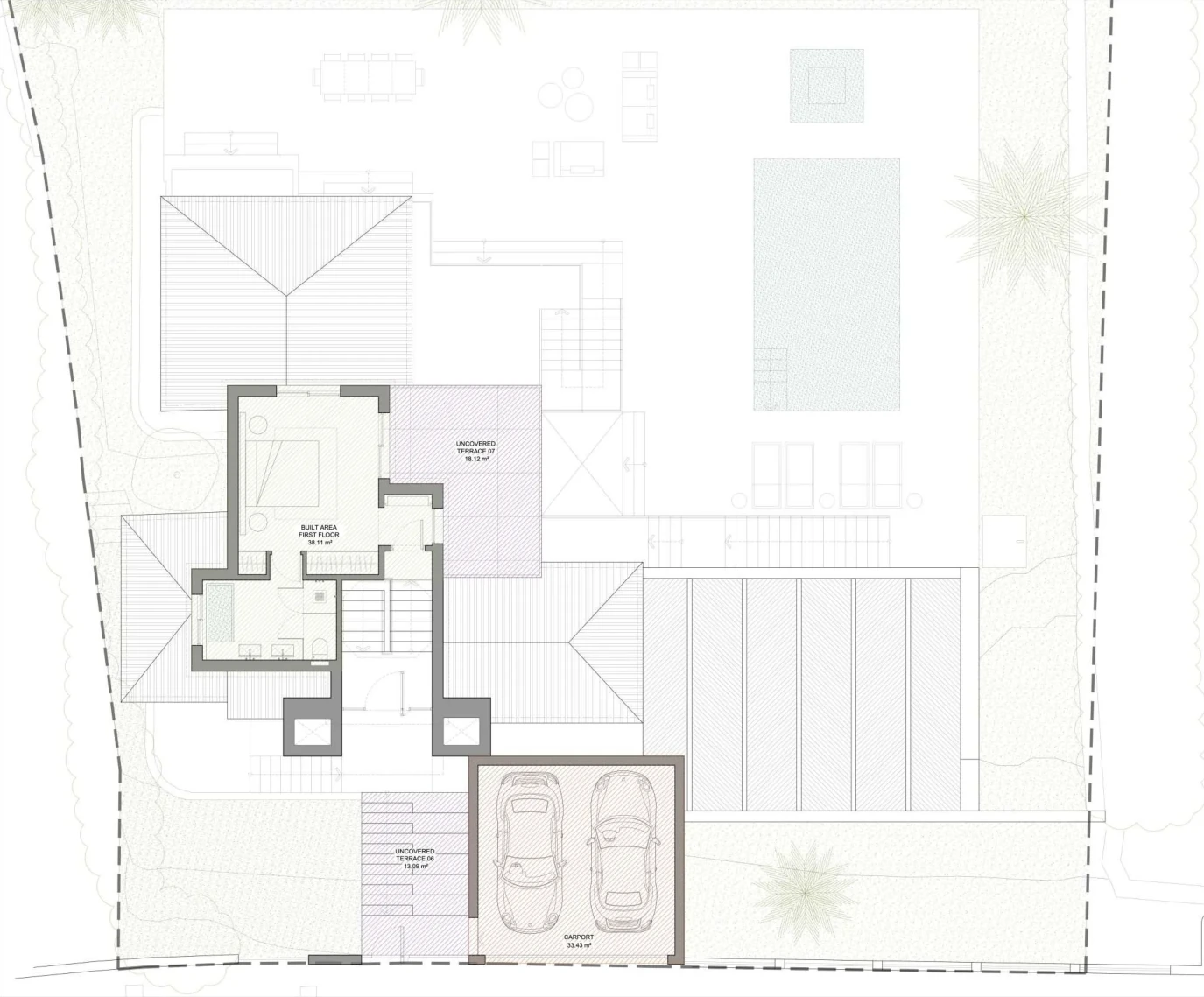 First floor plan of Villa Kumara: 38.1 m² built, master suite with uncovered terrace of 18.1 m², plus the carport at entrance level