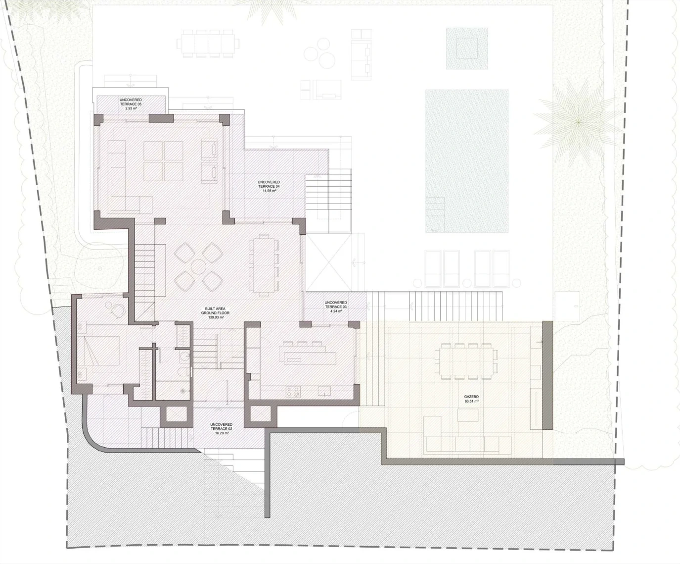 Ground floor plan of Villa Kumara: 139.0 m² built, open living area, kitchen, covered gazebo of 63.5 m² and pool terrace
